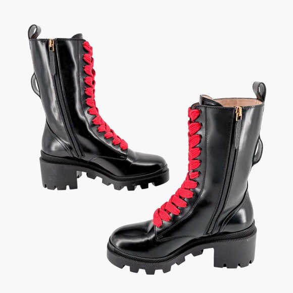 Gucci Magnum Lace Up Combat Boots EU 36.5 US 6.5 Black Web Stripe Block Heel - Picture 11 of 15